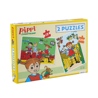 Pippi Langstrømpe 2 x puslespil til børn +3 år med 12 og 24 XL brikker